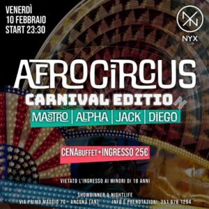 Afrocircus di carnevale al Nyx Club